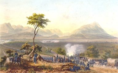 Mexican-American War lithograph by Adolphe Jean-Baptiste Bayot, based on a drawing by Carl Nebel. Originally published in the 1851 book The War Between the United States and Mexico. Image courtesy of LearnNC.